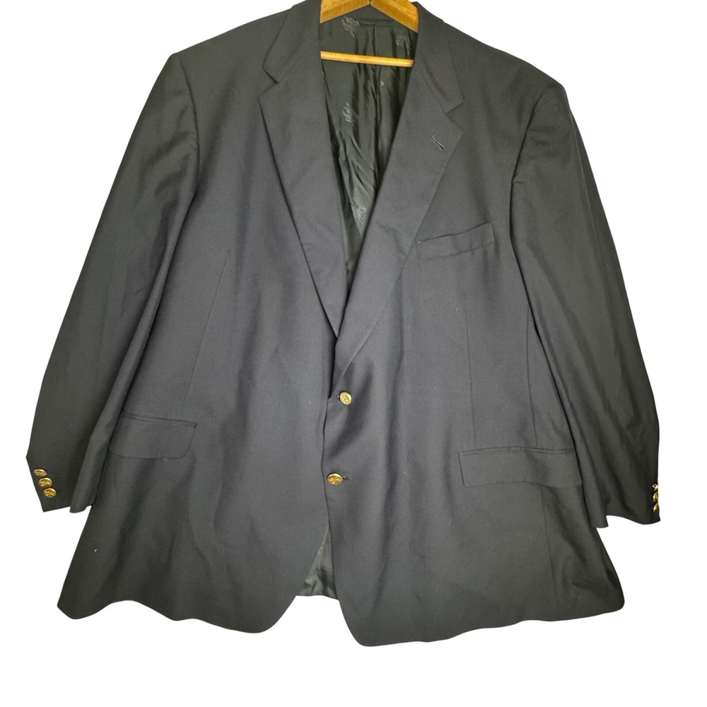 Burberry London Mens Navy Blue Wool Blazer Gold Crest Button Sport Coat 54L